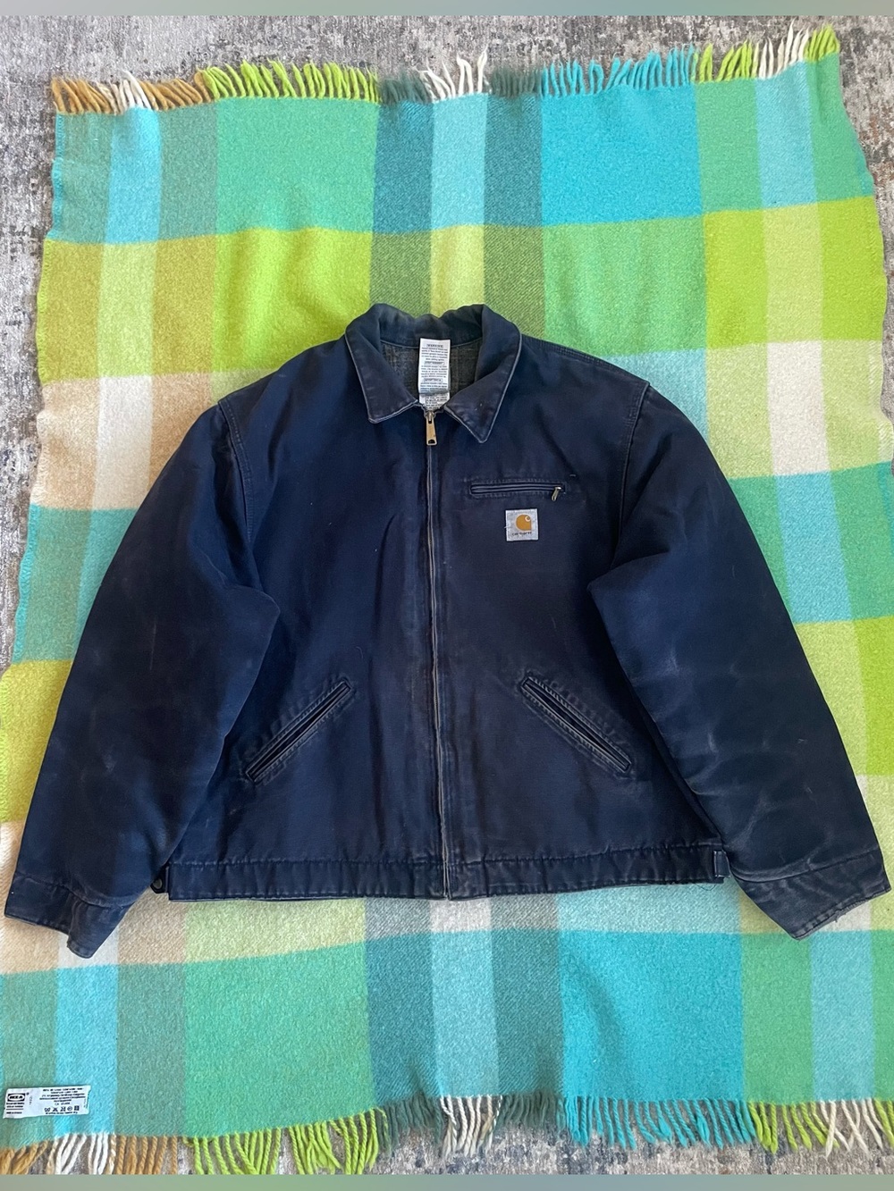 Vintage Carhartt J097 Detroit Plaid Lined Canvas Full Zip Navy Jacket